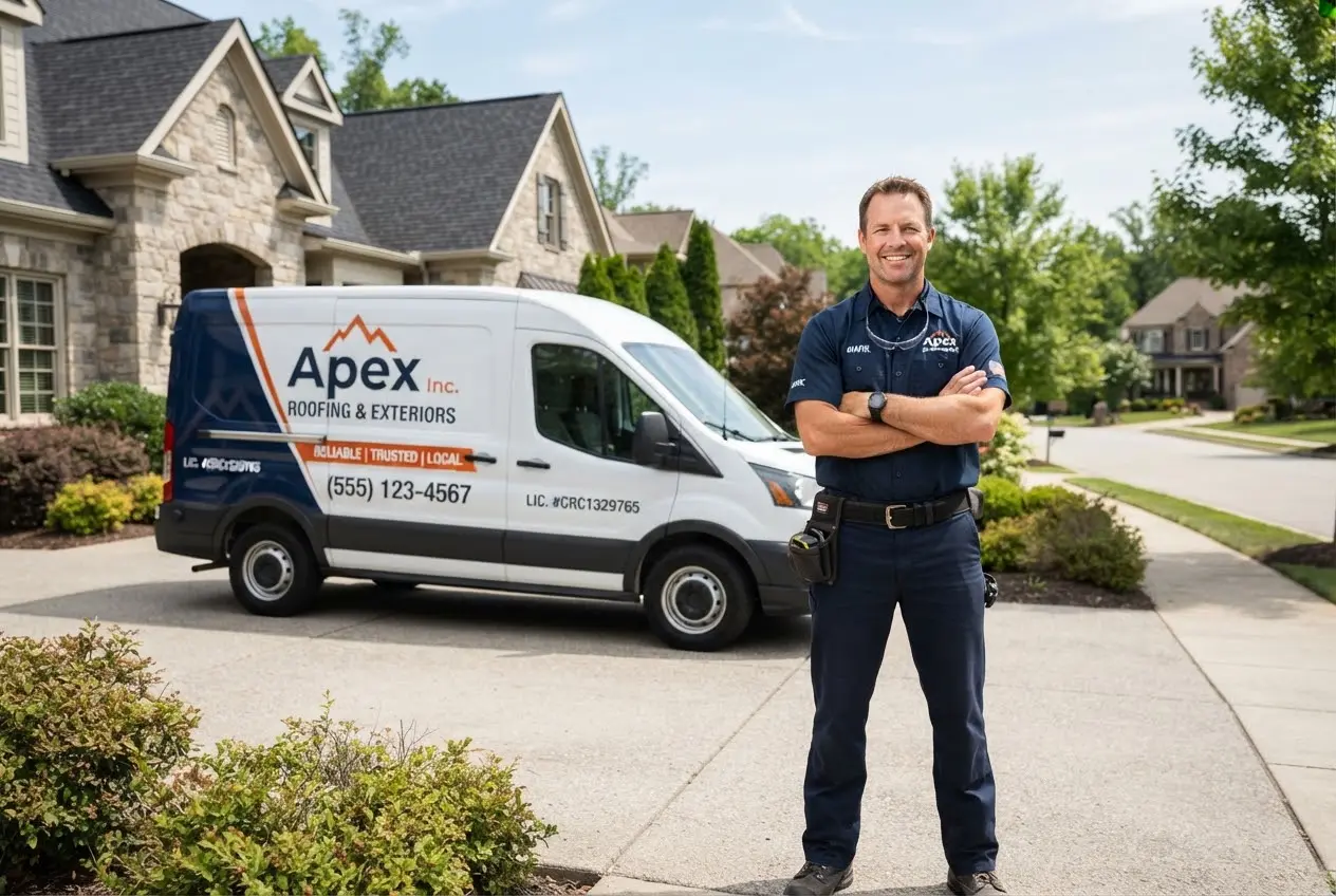 Professional Apex Roofing Inc. contractor standing in front of modern service truck