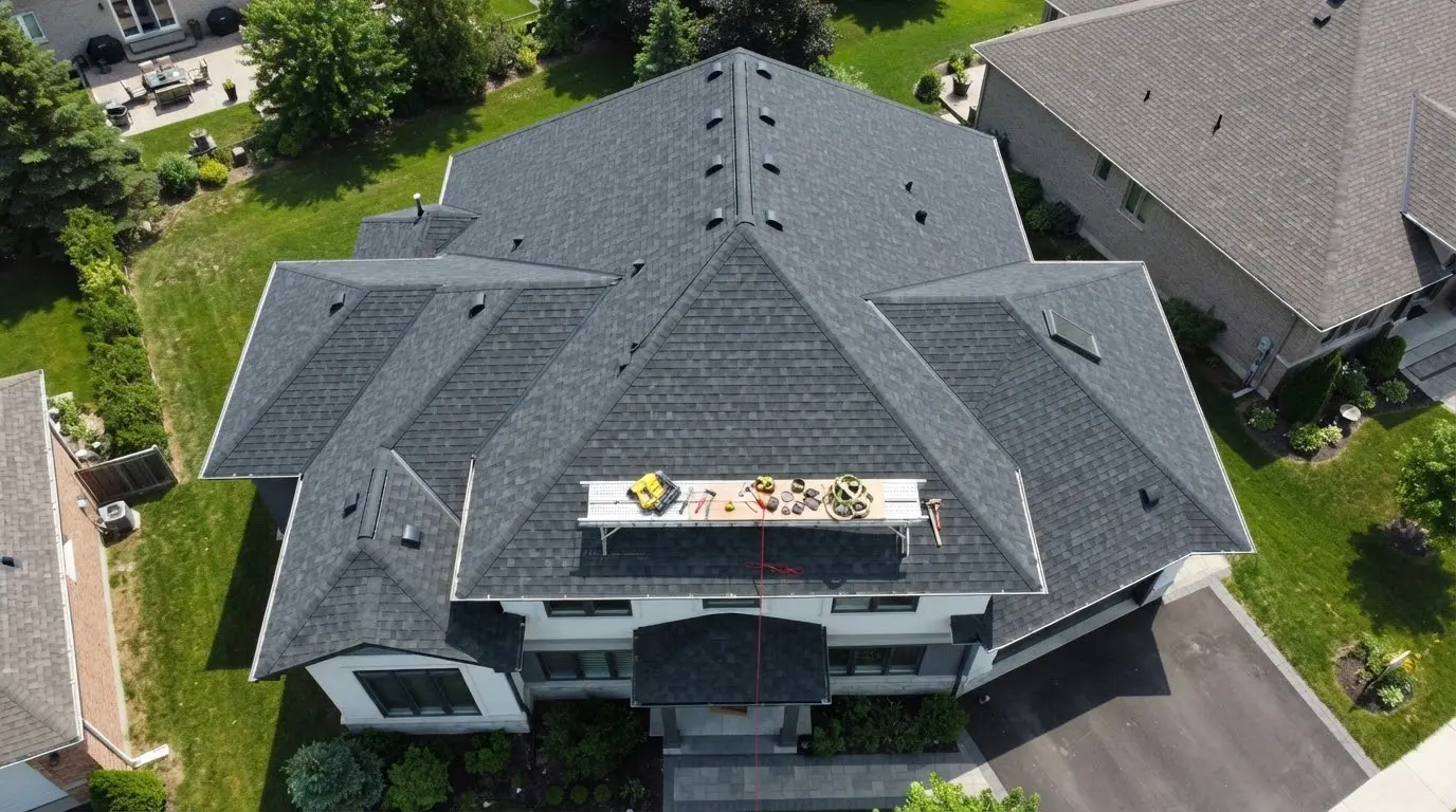 A top-down drone shot of a beautifully completed residential roof featuring complex hips and valleys