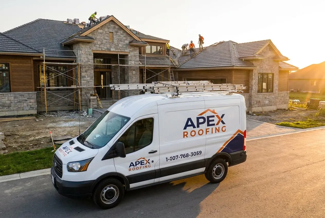 A professional white roofing van with bold APEX ROOFING branding parked on a suburban street